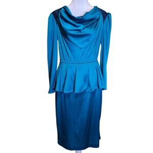 Vintage 70's Women's Blue Peplum Dress Sz 11 Draped Cowl Neck Classic Retro Glam